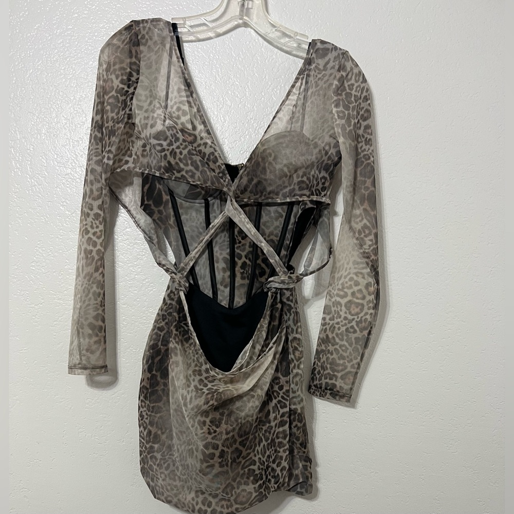 Oh Polly Leopard Mesh Corset Mini Dress Cutout Bodycon Long Sleeve US 4 UK 8